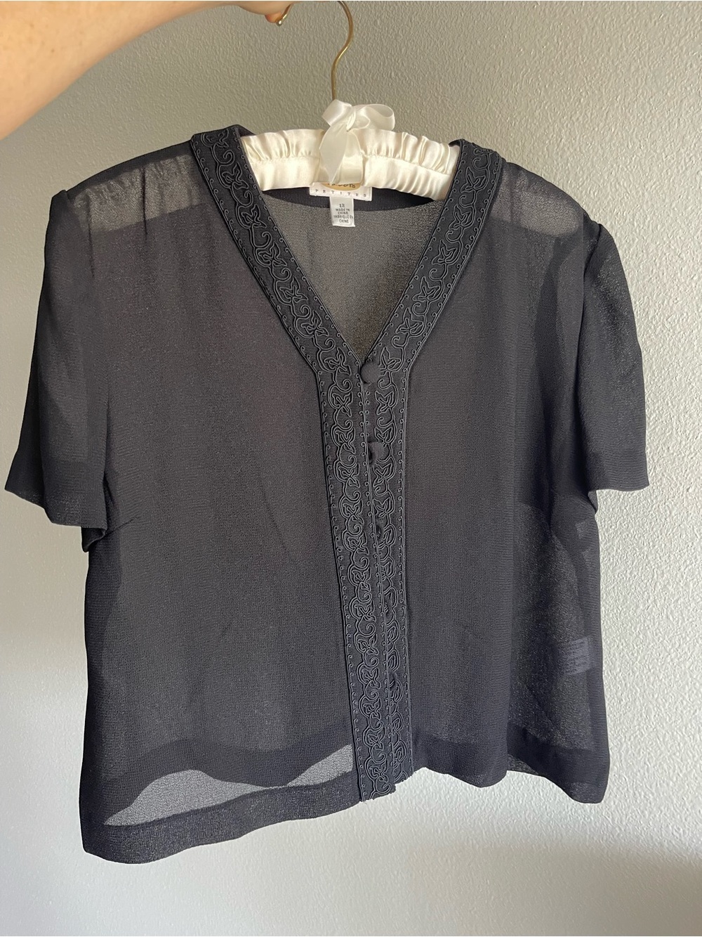 Talbots Sheer Black Short-Sleeve Embroidered V-Neck Blouse